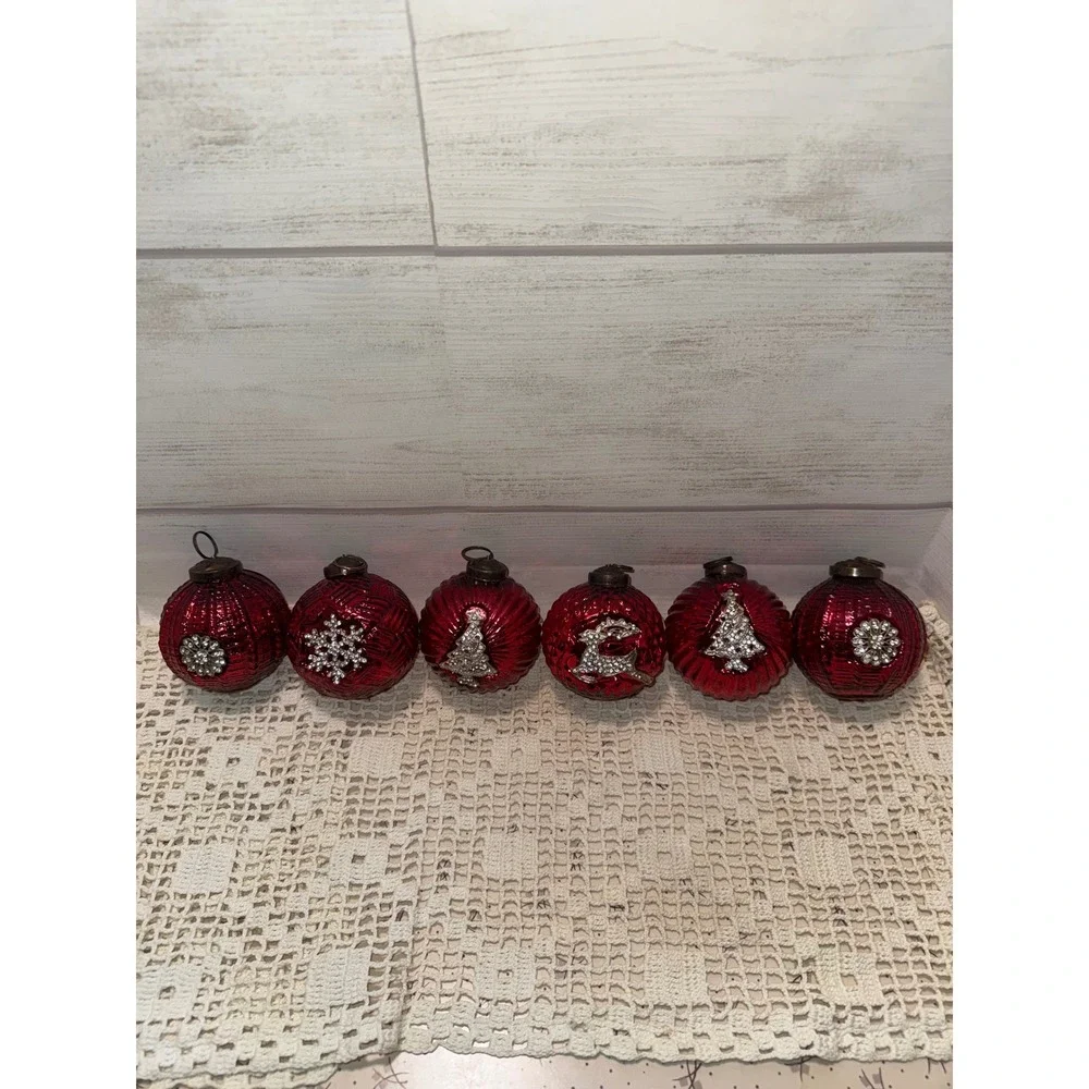 Vintage Red Mercury Glass Christmas Ornaments Rhinestone Set of 6 Ribbed Quilted
